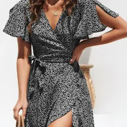 StyleCast Polka Dot Printed Slit Sleeves Wrap Midi Dress image 2