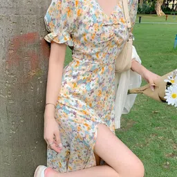 StyleCast Floral Print Puff Sleeve A-Line Polyester Midi Dress image 2