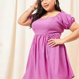 Berrylush Curve Plus Size Purple Square Neck Puff Sleeves Gathered Fit & Flare Dress image 3