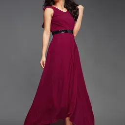 Miss Chase V-Neck Cap Sleeves Georgette Pleated Fit & Flare Dress image 3