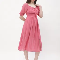 Madame Tie-Up Neck Flared Puff Sleeve Fit & Flare Midi Dress image 3