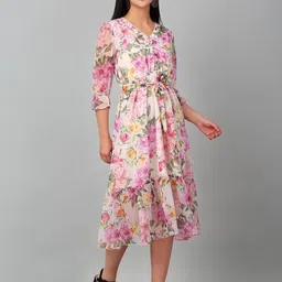 Cantabil Floral Printed V-Neck Chiffon Fit & Flare Midi Dress image 3