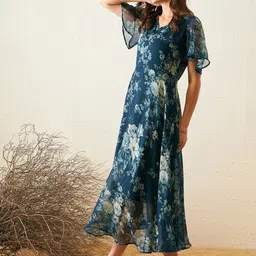 RARE Floral Print Flared Sleeve Chiffon Fit & Flare Midi Dress image 5