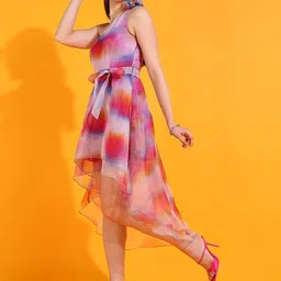 DODO & MOA Pink Tie and Dye Print One Shoulder Fit & Flare Midi Dress image 3