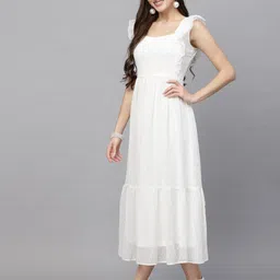 aayu Self Design Ruffles Detail Flounce Georgette Midi Fit & Flare Dress image 5