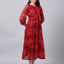 Souchii Maroon Floral Layered Chiffon A-Line Midi Dress image 3