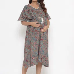 Ikk Kudi by Seerat Grey Printed Maternity & Nursing Cotton Midi Kaftan Dress image 3