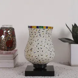 Devansh White & Blue Printed Wooden Square Table Lamp With Mosaic Glass image 3