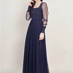 U&F Square Neck Cuffed Sleeves Net Maxi Dress image 4
