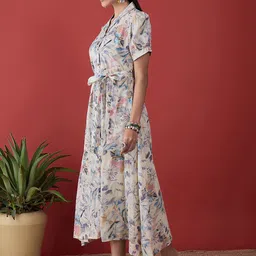 Anouk Off White Floral Printed Puff Sleeves Belted A-Line Midi Dress image 3
