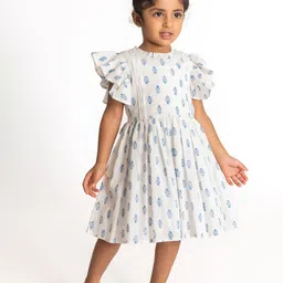 A Little Fable Girls Floral Printed Flutter Sleeves Cotton Fit & Flare Dress image 3