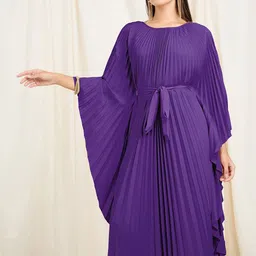 Styli Accordion Pleats Tie Up Detail Flared Sleeve Kaftan Midi Dress image 3