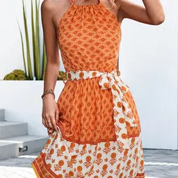 StyleCast x Revolte Orange Floral Print Halter Neck Fit & Flare Dress image 4