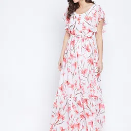 Bitterlime White & Pink Floral Georgette Maxi Dress image 3