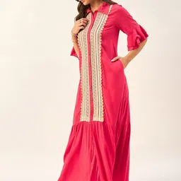 DRAPE AND DAZZLE Geometric Printed Shirt Collar Flared Bell Sleeve Maxi Dress image 4