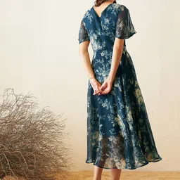 RARE Floral Print Flared Sleeve Chiffon Fit & Flare Midi Dress image 3