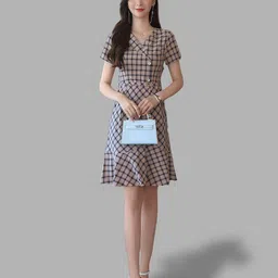 JC Collection Coffee Brown Checked Dress image 4