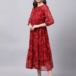 Souchii Maroon Floral Layered Chiffon A-Line Midi Dress image 4