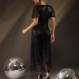 BAESD V-Neck Flared Sleeves Embellished Sequins Detail Net Maxi Dress image 4