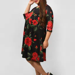 Amydus Women Plus Size Black & Red Floral A-Line Dress image 5