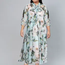 JC Collection Green & Blue Floral Printed Maxi Fit & Flare Dress image 5