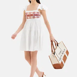 Kazo Geometric Embroidered Square Neck Flutter Sleeve Smocked Fit & Flare Mini Dress image 5