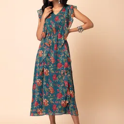 INDYA Floral Printed Flutter Sleeves Ruffle Dress image 5