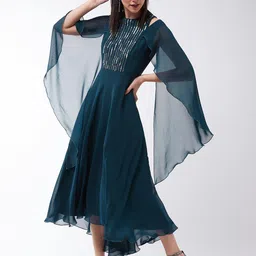 Miss Chase Teal Embellished Georgette Maxi Dress image 1