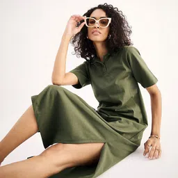 SASSAFRAS BASICS Olive Green Shirt Collar Oversized Cotton Midi A-Line Dress image 3