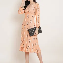 U&F Coral Printed Puff Sleeve Fit & Flare Midi Dress image 3