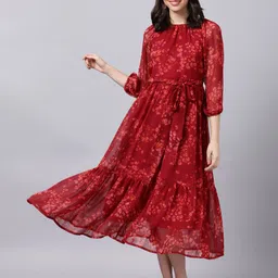Souchii Maroon Floral Layered Chiffon A-Line Midi Dress image 5