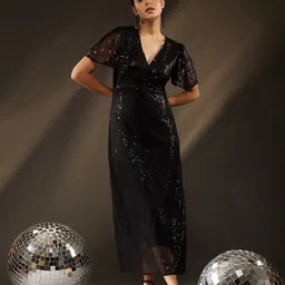 BAESD V-Neck Flared Sleeves Embellished Sequins Detail Net Maxi Dress image 5