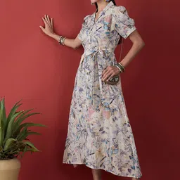 Anouk Off White Floral Printed Puff Sleeves Belted A-Line Midi Dress image 5