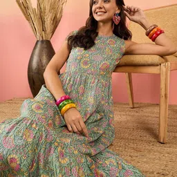 Sangria Floral Kantha Jaal Printed Flounce Cotton A-Line Dresses image 1