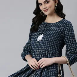 SHOWOFF Ethnic Motifs Printed Tie-Up Neck Bell Sleeves A-Line Midi Dress-picture-12