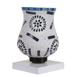 Devansh White & Blue Mosaic Design Square Shaped Wooden Table Lamp With Glass Shade image 5