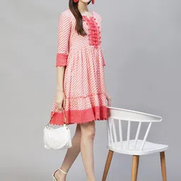 FASHOR Women Peach-Coloured Checked A-Line Dress image 3