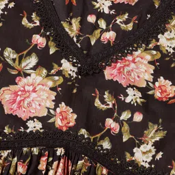 Saffron Threads V Neck Floral Printed Cotton Fit & Flare Dress With Lace Details image 3