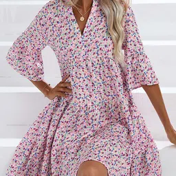 StyleCast Pink Floral Print Flared Sleeve Tiered  A-Line Dress image 2