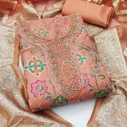 KALINI Floral Printed Beads & Stones Organza Unstitched Dress Material image 1