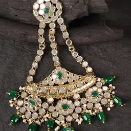 JEWELS GEHNA Gold Plated Green & White Kundan Studded Jhumar Passa-picture-43