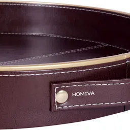 HOMIVA Brown Set of 2 Round Leatherette Tray Serving Set image 2