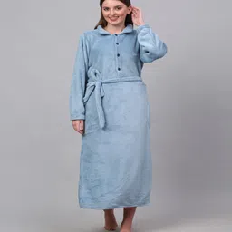 Blue Solid Woolen Women Bath Robe With Belt (XL) By Klotthe image 1