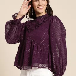 marie claire Casual Bell Sleeves Self Design Women Purple Top image 2