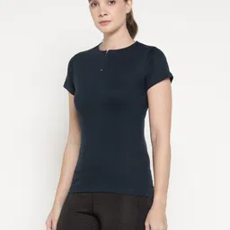 ap'pulse Women Solid Round Neck Pure Cotton Navy Blue T-Shirt image 5