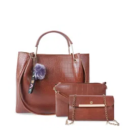 DressBerry Pack Of 3 Brown & Gold-Toned Textured Structured Handheld Bag With Tasselled-picture-36