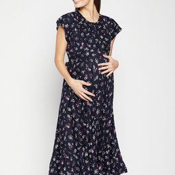 Hypernation Navy Blue Floral Maternity A-Line Midi Dress-picture-39