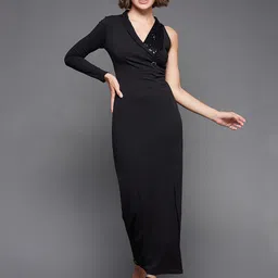 Miss Chase Black Embellished One Shoulder V-Neck Sheath Maxi Dress image 3