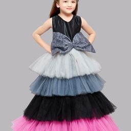 Pink Chick Girls Black & Grey Colourblocked Satin Layered Gown-picture-23