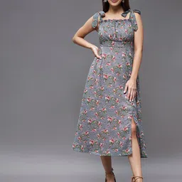 Miss Chase Grey & Pink Floral Georgette Empire Midi Dress-picture-26